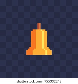 Golden bell. Pixel art icon. Knitted design. 8-bit sprites. Isolated vector illustration. Old school computer graphic style.