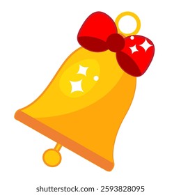 Golden bell with red bow. Christmas tree bauble vector clip art for seasonal design