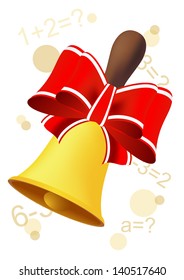 golden bell with red bow isolated on white background