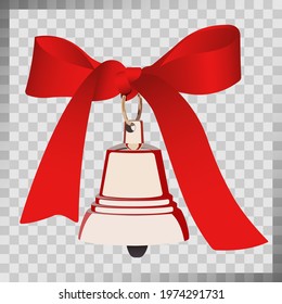 Golden bell with red bow for September 1st, last bell or for Christmas. Isolated vector image on transparent background.