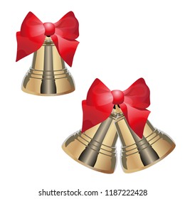 Golden bell with red bow. Vector illustration.