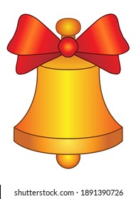 Golden Bell with a red bow - vector full color picture for coloring. Christmas or New Year element or school bell. Signal, notification - bell symbol.