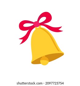 Golden bell with red bow. Vector flat illustration isolated on a white.