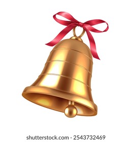 Golden bell with red ribbon bow realistic vector illustration. Festive cheer and Christmas holiday spirit 3d object on white background