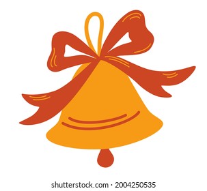 Golden bell with red ribbon. Christmas symbol, school bell concept. Icon for web and mobile application. Vector illustration on a white background.