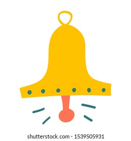Golden bell ringning, christmas decoration for christmas tree. Cute hand drawn doodle illustration isolated. 
