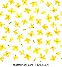Golden Bell Seamless pattern, Forsythia suspensa, spring branch with blossoming yellow flowers. Vector illustration. Summer decor. for prints, posters, cards, textile, cosmetics wrapping packages