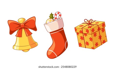 Golden bell, traditional present stocking, wrapped surprise gift Christmas and New year accessories