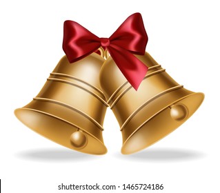 Golden bell Vector realistic isolated on white. Red silk bow illustration 3d