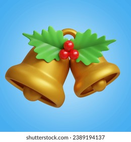 Golden bells and Christmas leaves  3D vector icon set, on a blue background	