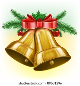 Golden bells with Christmas tree branches red ribbon, berries and leafs. Detailed vector illustration