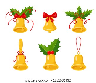 Golden Bells collection on white background. Bells with green branches and red ribbons. Christmas and New Year Symbol, Traditional Holiday Decoration. Vector Illustration