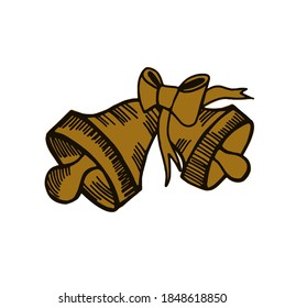 Golden bells with a red bow. Golden bell with red ribbon symbol accessory christmas. Isolated on white vector illustration