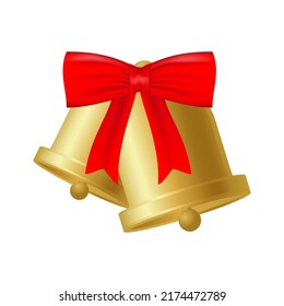golden bells with red bow ribbon isolated on white background for festive holiday graphic design decoration