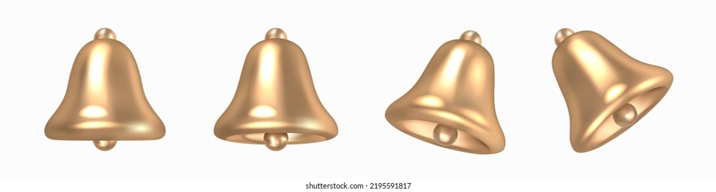 Golden Bells Set. Tilted Gold Metal Bells isolated on a white background. Christmas symbol, notification, school, vintage bell icon. 3D render realistic vector object