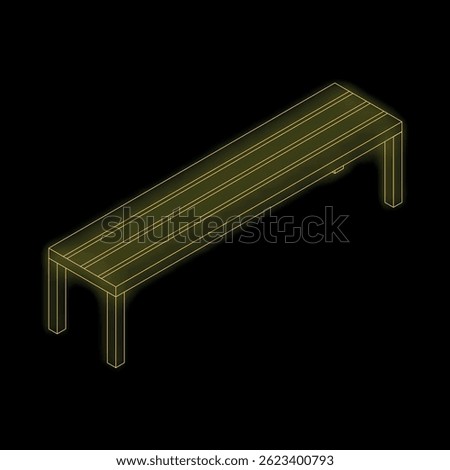 Golden bench wireframe glowing on black background, digital design element for urban design or architecture projects