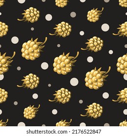 Golden berry. Raspberry background. Contrasting berry pattern. Summer fruits on a seamless pattern for a farmer's market. Vector illustration. 