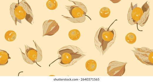 Golden berry vector seamless pattern. Cape gooseberry graphic background. Physalis Peruvian vector design for fabric, paper, wallpaper, cover, decoration, wrapping, other. Fruit vector illustration