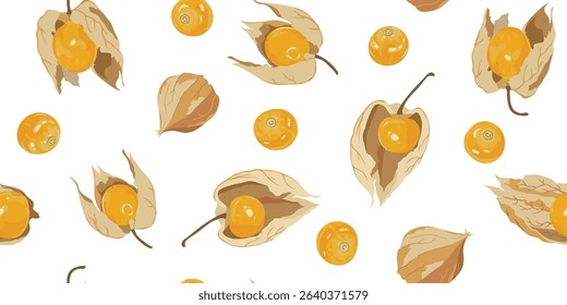 Golden berry vector seamless pattern. Cape gooseberry graphic background. Physalis Peruvian vector design for fabric, paper, wallpaper, cover, decoration, wrapping, other. Fruit vector illustration
