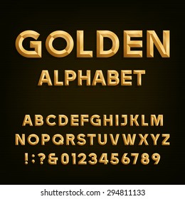 Golden Beveled Font. Vector Alphabet. Gold effect letters, numbers and punctuation marks on a dark background. Typeset for your headlines, posters etc.