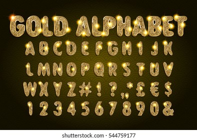 Golden Beveled Font. Vector Alphabet. Gold effect letters, numbers and punctuation marks on a dark background. Typeset for your headlines, posters etc.