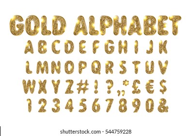 Golden Beveled Font. Vector Alphabet. Gold effect letters, numbers and punctuation marks on a white background. Typeset for your headlines, posters etc.