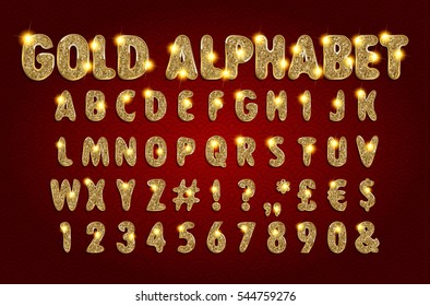 Golden Beveled Font. Vector Alphabet. Gold effect letters, numbers and punctuation marks on a dark background. Typeset for your headlines, posters etc.