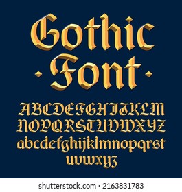 Golden beveled gothic font, decorative metallic 3d blackletter typeface. Uppercase and lowercase. Vector illustration. 