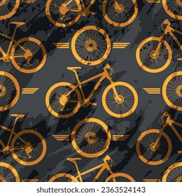 Golden bicycle wheel and mountain bike seamles pattern over black water color effect at background