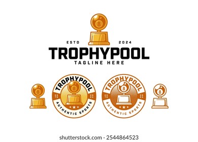 golden billiard ball number eight trophy badge logo design set for billiard sport and competition. billiard ball cup, chalice colorful and line art style illustration modern logo template 