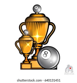Golden billiard cup with black ball on white. Vector sport banner or logo