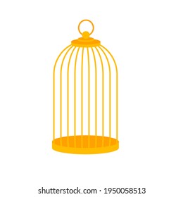 Golden Bird Cage, Isolated On White. Cartoon Simple Design. Vector Illustration.