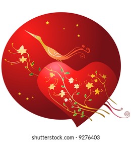 golden bird with flowers and heart shape