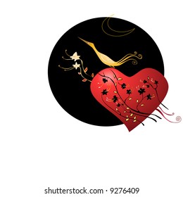 golden bird with flowers and heart shape