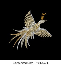the golden bird. traditional stylish fashionable floral embroidery on the black background. sketch for printing on fabric, clothing, bag, accessories and design. vector, trend