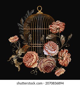 Golden birds cage and vintage buds of wild pink roses. Freedom concept. Spring fashion art, fashion template for design of clothes, t-shirt 