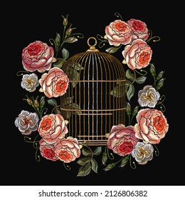 Golden birds cage and vintage buds of wild white and pink roses. Spring fashion art, fashion template for design of clothes, t-shirt. Freedom concept 