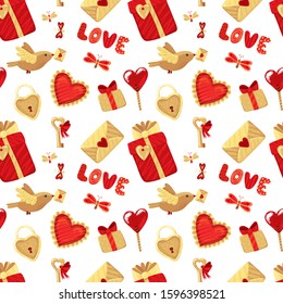 Golden birds with love mеssаge, love lettering, envelopes, locks, keys and gift boxes seamless vector pattern in flat cartoon style for Valentines day present boxes prints and wrapping paper design,