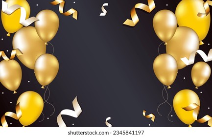 Golden birthday balloons and streamers on dark background. Anniversary birthday. 