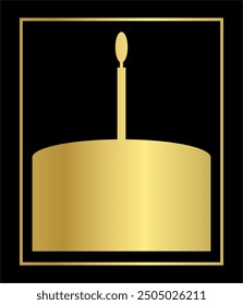 Golden birthday cake with candle with frame around it. Black background.