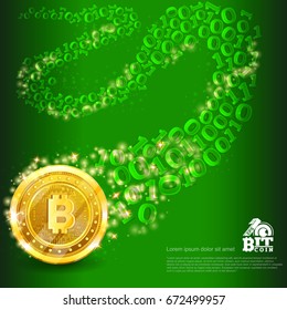 Golden bit coin with binary code trail on green. Abstract vector glossy business background svg