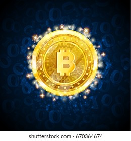Golden bit coin in the center of blue background with binary code svg