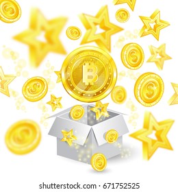 Golden bit coin in the center of flying coins and stars with depth of field effect from open gift box with  svg