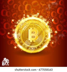 Golden bit coin in the center of red background with binary code. Abstract vector glossy business background svg
