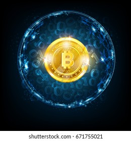Golden bit coin in the center of round sphere with binary code on dark blue background svg
