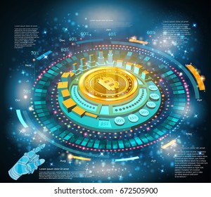 Golden bit coin in center of round high tech 3d info graphic on blue background 