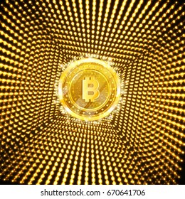 Golden bit coin in the center of yellow square tunnel from shiny dots svg