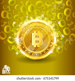 Golden bit coin in the center of yellow background with binary code. Abstract vector glossy business background svg