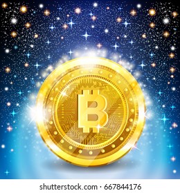Golden bit coin in space in starry sky background