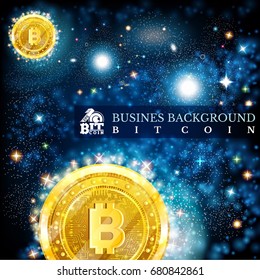 Golden bit coin in space in starry sky blue background